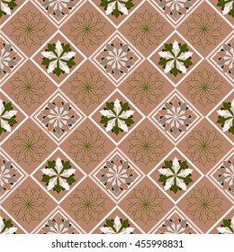 Seamless floral pattern on geometric background grid. Template for design in a classic style.