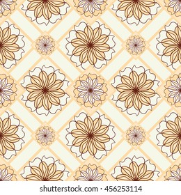Seamless floral pattern on geometric background grid. Template for design in a classic style.