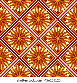 Seamless floral pattern on geometric background grid. Template for design in a classic style.