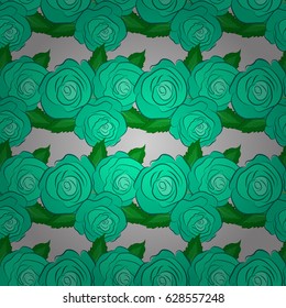 Seamless floral pattern on a gray background with motley rose flowers and green leaves. Vector illustration.