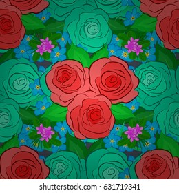 Seamless floral pattern on a gray background with motley rose flowers and green leaves. Vector illustration.