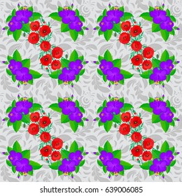 Seamless floral pattern on a gray background with motley hibiscus flowers. Vector illustration.