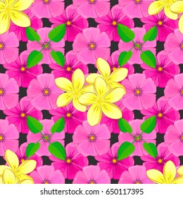 Seamless floral pattern on a gray background with motley plumeria flowers. Vector illustration.
