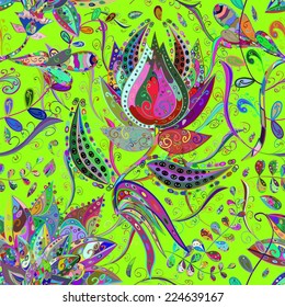 Seamless floral pattern on green background. Vector illustration. 