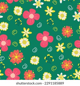 Patrón floral sin fisuras sobre fondo verde, ilustración vectorial
