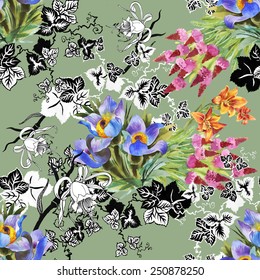 Seamless floral pattern on green background vector illustration