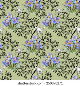 Seamless floral pattern on green background vector illustration
