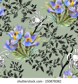 Seamless floral pattern on green background vector illustration