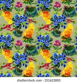 Seamless floral pattern on green background with colorful garden flowers vector illustration