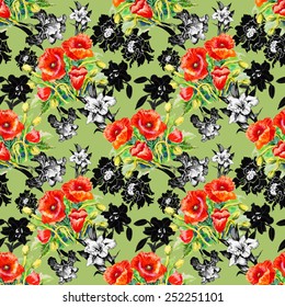 Seamless floral pattern on green background with poppy and iris flowers vector illustration