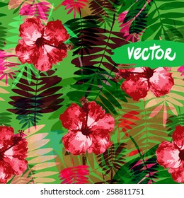 seamless floral pattern on a green background, spring ornament of leaves, flowers. vector colorful pattern paradise plants, painted vector floral jungle, vector watercolor flowers hibiscus
