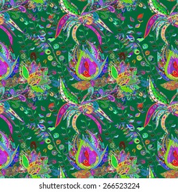 Seamless floral pattern on green background. Vector illustration.