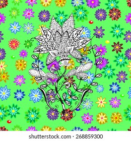 Seamless floral pattern on green background. Vector illustration.