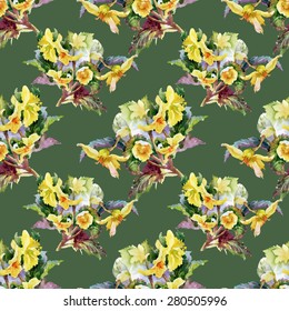 Seamless floral pattern on green background with summer garden flowers vector illustration