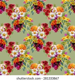 Seamless floral pattern on green background with watercolor summer garden flowers vector illustration