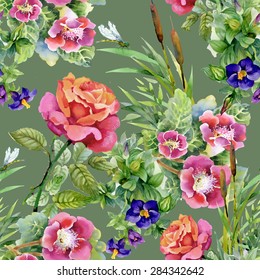 Seamless floral pattern on green background with watercolor summer garden flowers, reeds and roses vector illustration