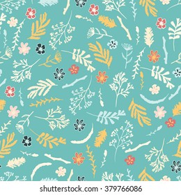 Seamless floral pattern on green background. Yellow and bejge flowers and berries. Background with hand drawn doodle elements