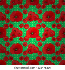 Seamless floral pattern on a green background with motley poppy flowers. Vector illustration.