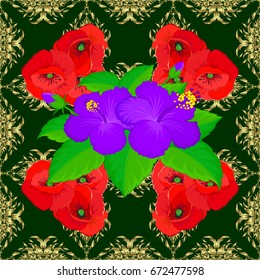 Seamless floral pattern on a green background with motley hibiscus flowers. Vector illustration.