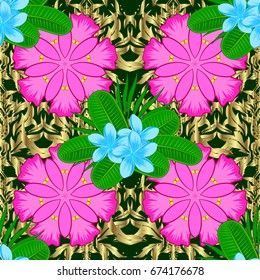 Seamless floral pattern on a green background with motley plumeria flowers. Vector illustration.