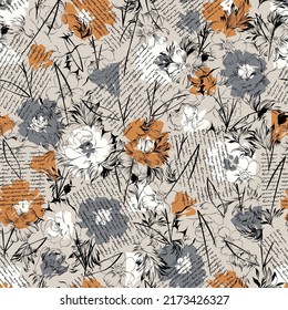 Seamless Floral Pattern On Handwriting Text Background