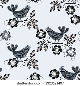 Seamless floral pattern. On a light background are cute birds and flowers, scrawled. Print for textiles. Vector illustration.