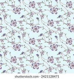 Seamless floral pattern on a light blue background, small decorative flowers with leaves and intertwining stems for the design of fabric, paper, silk, vector illustration