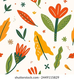 Seamless floral pattern on a light background. Decorative leaves, fantastic flowers and buds. Botanical decorative tracery. Vector illustration in flat style.