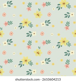 Seamless floral pattern on light green background. Background in small flowers for textiles, fabrics, cotton fabric, covers, wallpaper, print, gift wrapping, postcard, scrapbooking.
