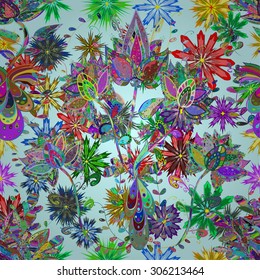 Seamless floral pattern on light blue background. Vector illustration.