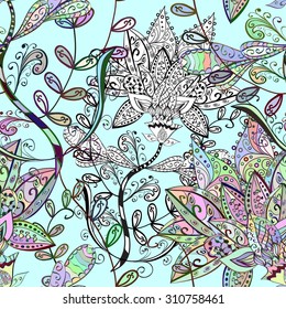 Seamless floral pattern on light green background. Vector illustration.