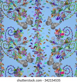 Seamless floral pattern on light blue background with shadows. Vector illustration.