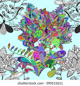 Seamless floral pattern on light blue background. Vector illustration.