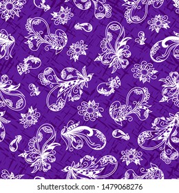 Seamless floral pattern. On a lilac background white ornament in paisley style. Print for textiles. Vector illustration.