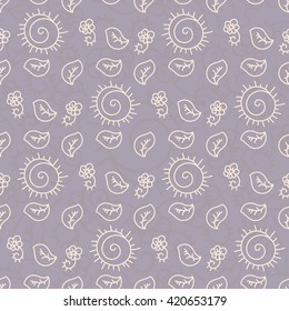 Seamless floral pattern on a lilac background. Drawing the sun, leaves, flowers.