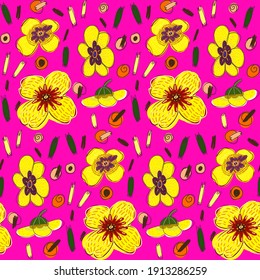 Patrón floral sin foco sobre fondo neón rosado. El paquete de flores amarillas en estilo retro.