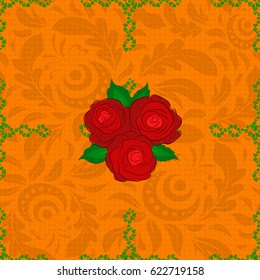 Seamless floral pattern on a orange background with motley rose flowers and green leaves. Vector illustration.