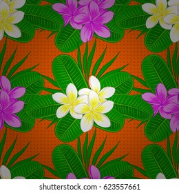 Seamless floral pattern on a orange background with motley plumeria flowers. Vector illustration.