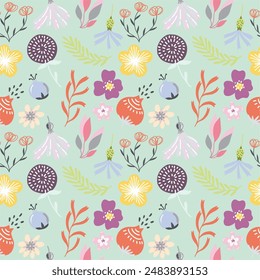 Seamless floral pattern on pastel background. Cute flower design for card, wallpaper, fabric, textile, fashion, flyer, banner, cover, and more.