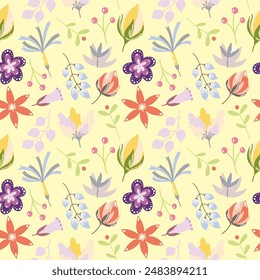 Seamless floral pattern on pastel background. Cute flower design for card, wallpaper, fabric, textile, fashion, flyer, banner, cover, and more.