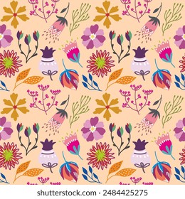 Seamless floral pattern on pastel background. Cute flower design for card, wallpaper, fabric, textile, fashion, flyer, banner, cover, and more.