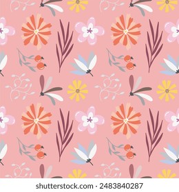 Seamless floral pattern on pink background.