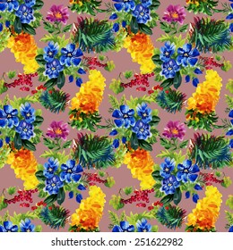 Seamless floral pattern on pink background with colorful garden flowers vector illustration