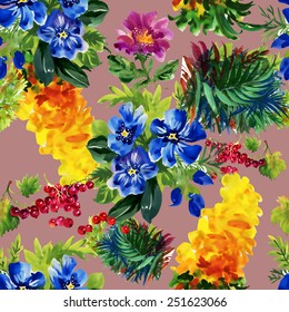 Seamless floral pattern on pink background with colorful garden flowers vector illustration