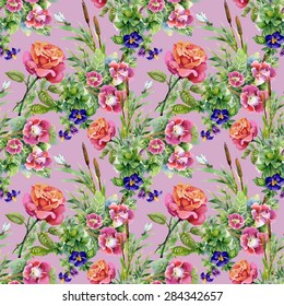 Seamless floral pattern on pink background with watercolor summer garden flowers, reeds and roses vector illustration