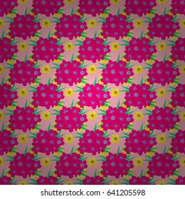 Seamless floral pattern on a pink background with motley primula flowers. Vector illustration.