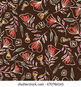 Seamless floral pattern on a plain brown background. Gentle doodle pattern for textiles. Careless brush strokes and outlines.