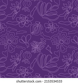 Seamless floral pattern on purple background. Vector image. Graphic linear wallpaper.