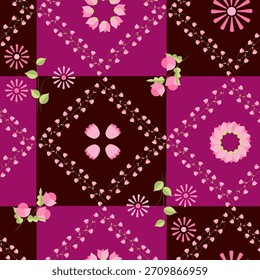nahtloses Blumenmuster auf violettem und grünem, kariertem Hintergrund
