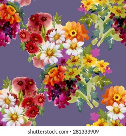 Seamless floral pattern on purple background with watercolor summer garden flowers vector illustration